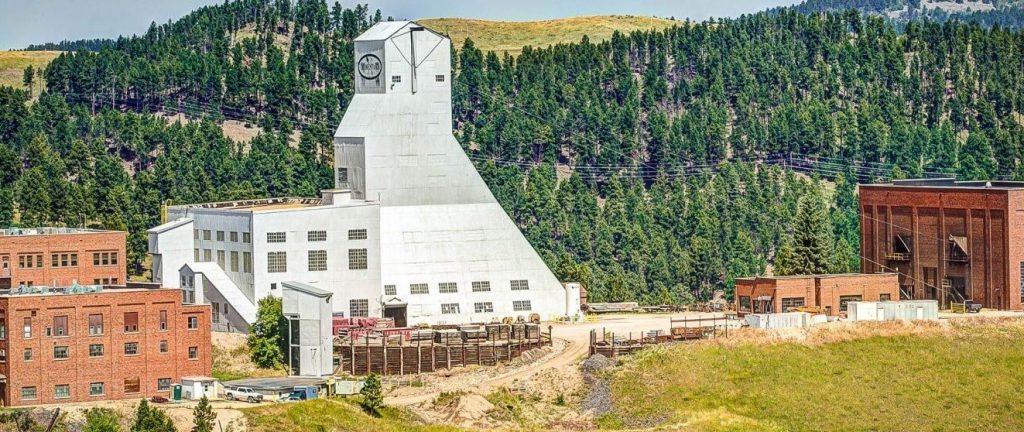 Aerial view of the Yates headframe at the Sanford Underground Research Facility (SURF).